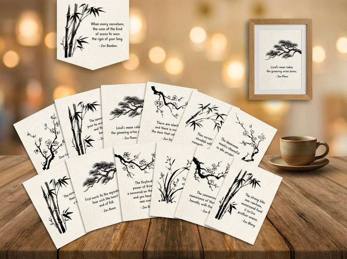 Zen Wisdom Cards printable set - 12 Eastern quote cards with botanical illustrations