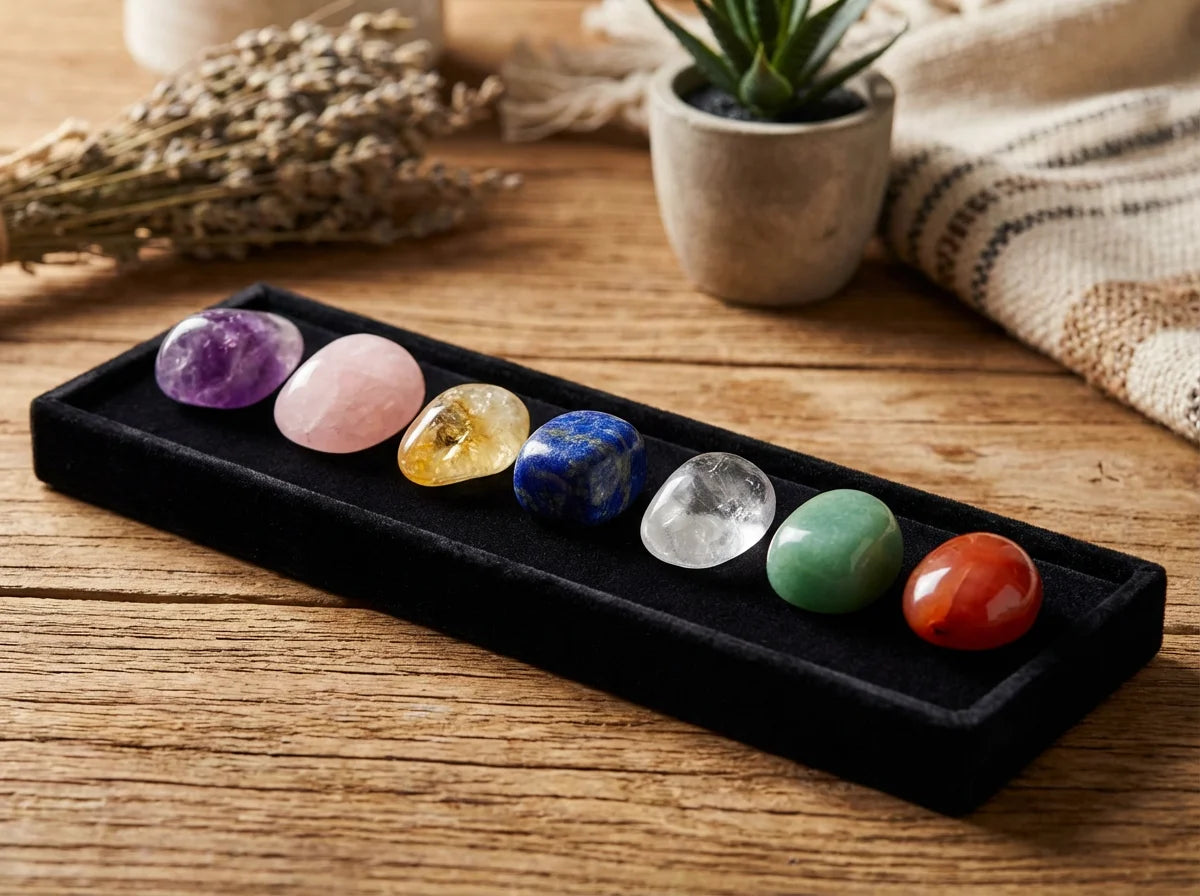 7 Chakra Healing Crystal Set with natural gemstones on velvet tray