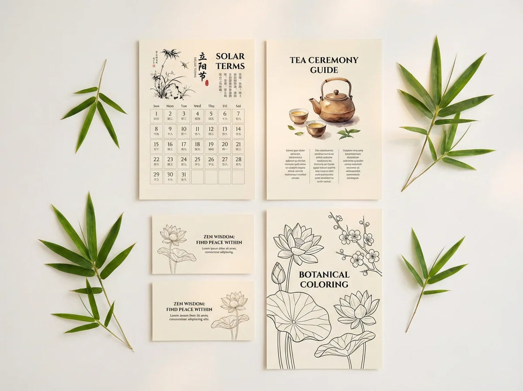 Oriental Living Printable Gift Set - 4-in-1 Collection: Calendar, Tea Guide, Zen Cards, Coloring Pages