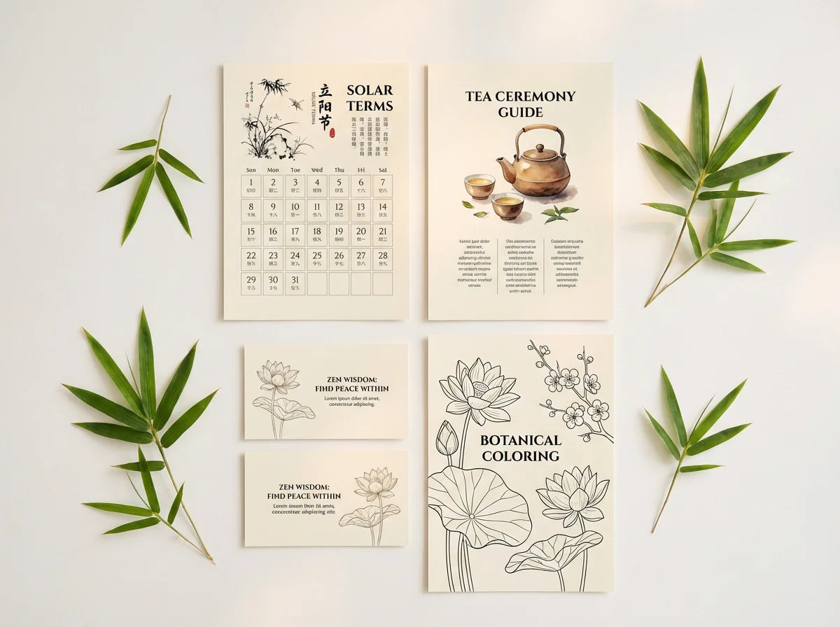 Oriental Living Printable Gift Set - 4-in-1 Collection: Calendar, Tea Guide, Zen Cards, Coloring Pages