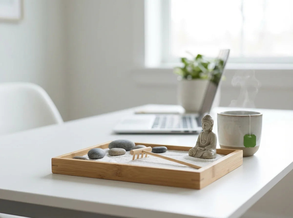 Mini Zen Garden Desktop Kit with white sand, rake, and Buddha figurine